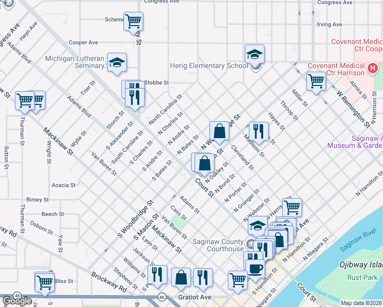 map of restaurants, bars, coffee shops, grocery stores, and more near in Saginaw