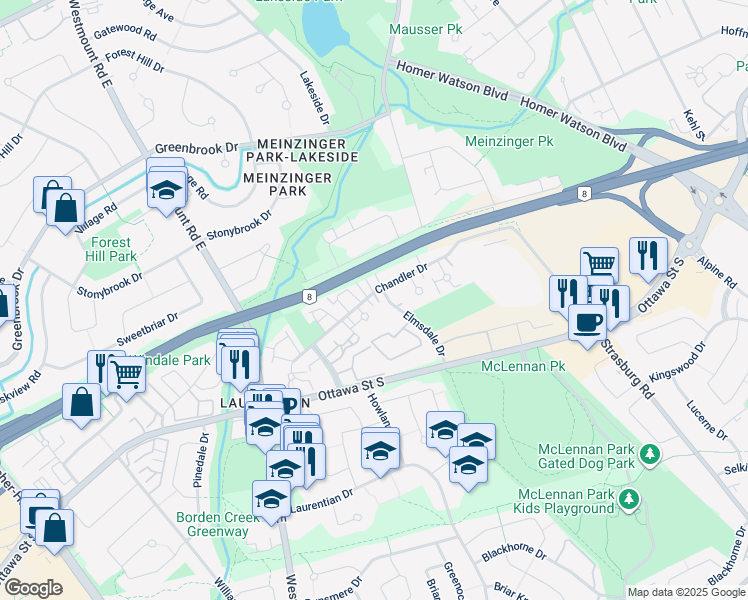map of restaurants, bars, coffee shops, grocery stores, and more near 155 Chandler Drive in Kitchener