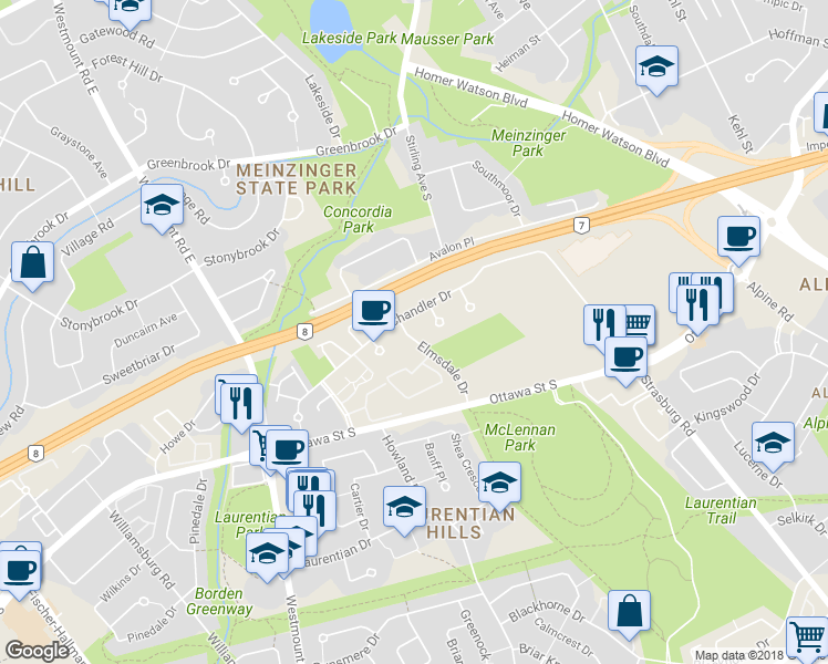 map of restaurants, bars, coffee shops, grocery stores, and more near 11 Elmsdale Drive in Kitchener