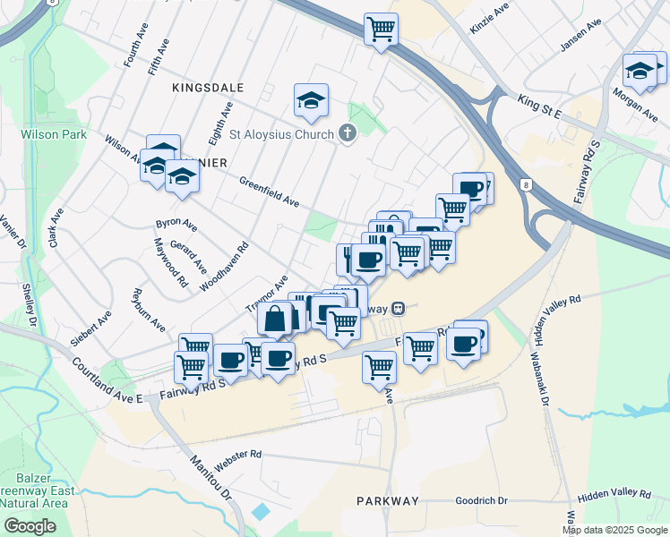 map of restaurants, bars, coffee shops, grocery stores, and more near 400 Wilson Avenue in Kitchener