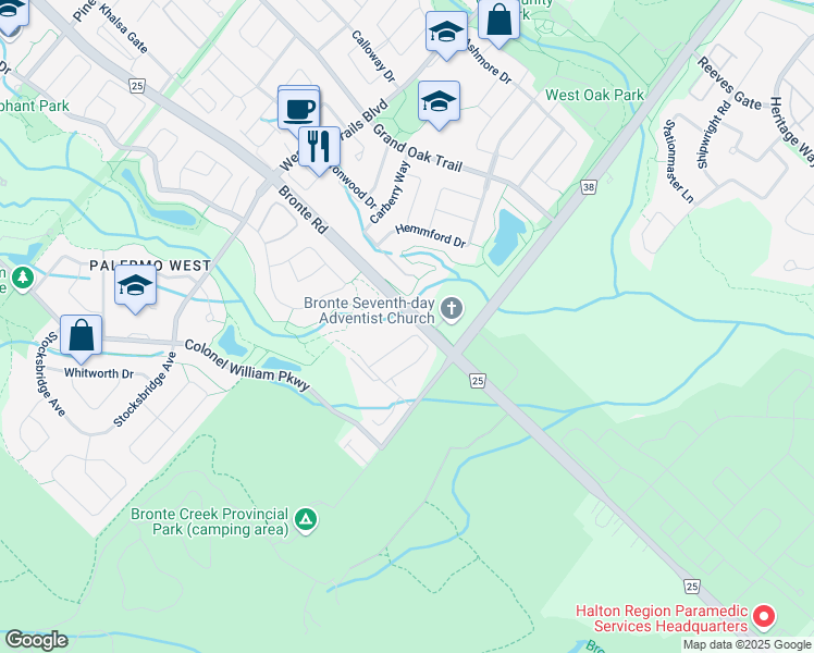 map of restaurants, bars, coffee shops, grocery stores, and more near 2040 Bronte Road in Oakville