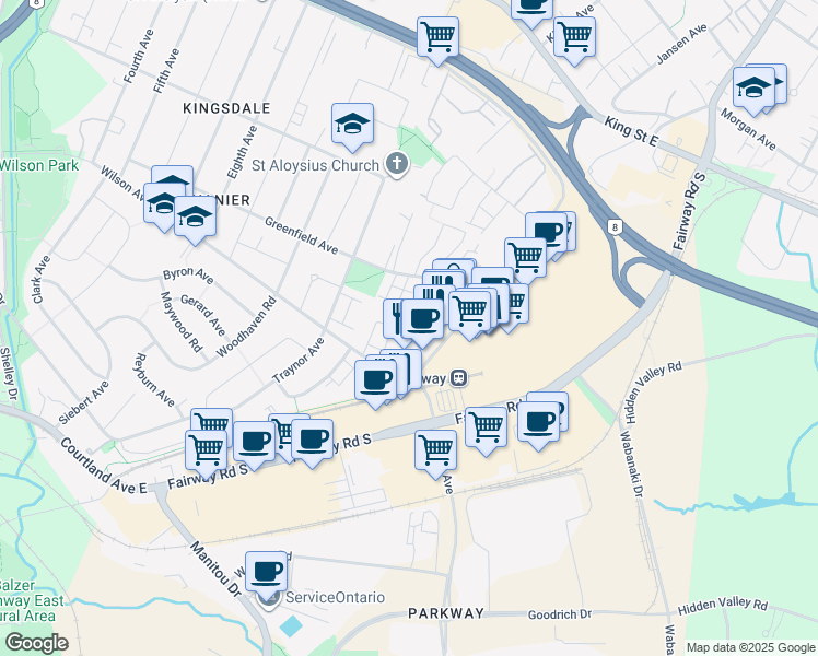 map of restaurants, bars, coffee shops, grocery stores, and more near 3085 Kingsway Drive in Kitchener