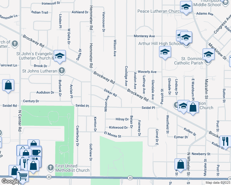 map of restaurants, bars, coffee shops, grocery stores, and more near 4330 Dirker Road in Saginaw