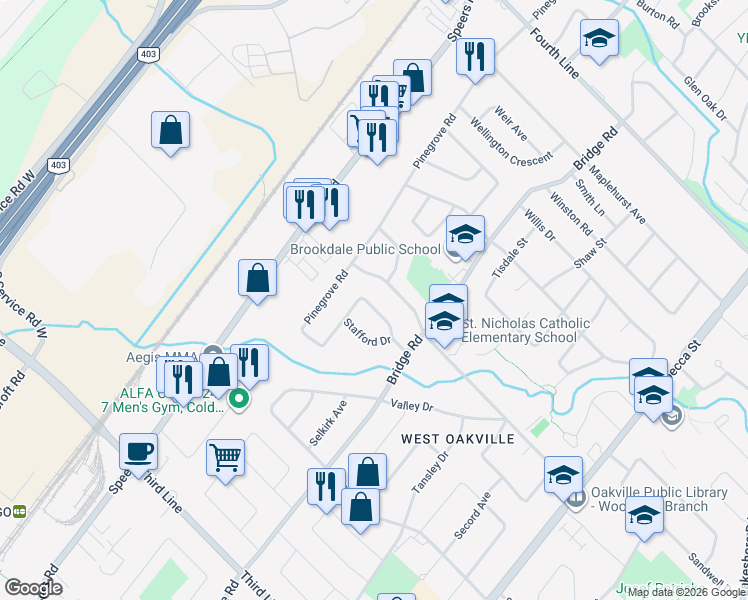 map of restaurants, bars, coffee shops, grocery stores, and more near 551 Sandbrook Road in Oakville