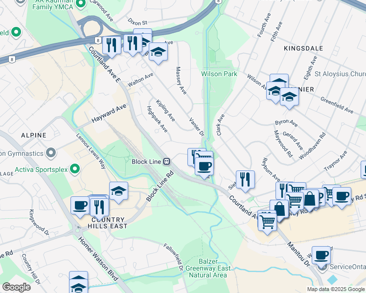 map of restaurants, bars, coffee shops, grocery stores, and more near 43 Hillmount Street in Kitchener