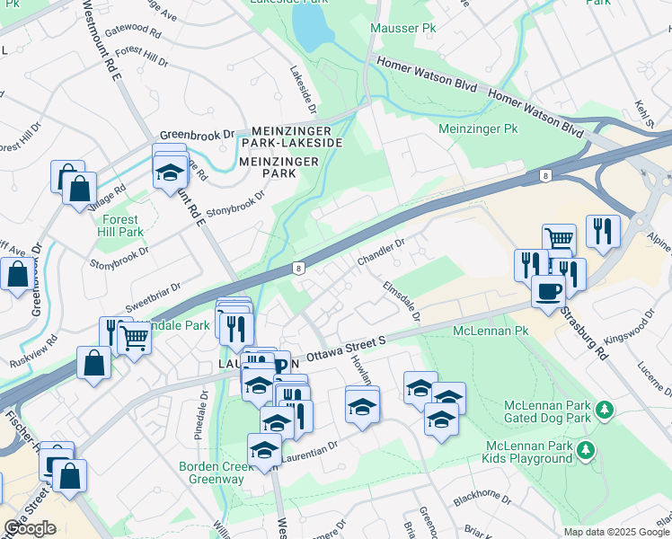 map of restaurants, bars, coffee shops, grocery stores, and more near 169 Chandler Drive in Kitchener