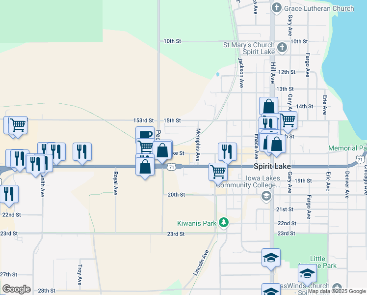 map of restaurants, bars, coffee shops, grocery stores, and more near 1420 Lake Street in Spirit Lake