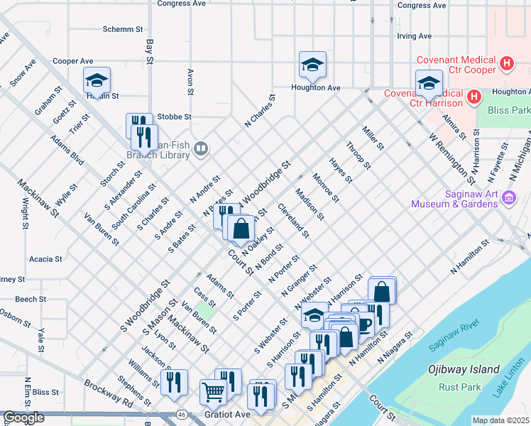 map of restaurants, bars, coffee shops, grocery stores, and more near 1220 Ames Street in Saginaw
