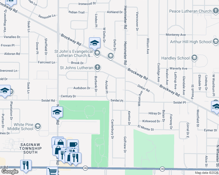 map of restaurants, bars, coffee shops, grocery stores, and more near 1090 Arclair Place in Saginaw