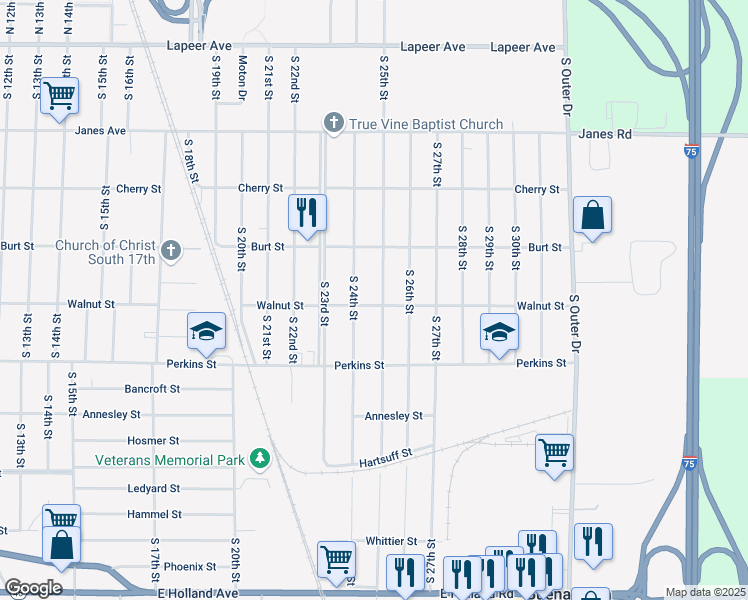 map of restaurants, bars, coffee shops, grocery stores, and more near 606 South 25th Street in Saginaw