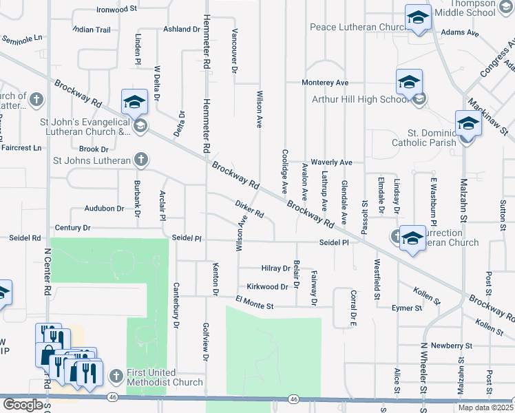 map of restaurants, bars, coffee shops, grocery stores, and more near 4330 Dirker Road in Saginaw