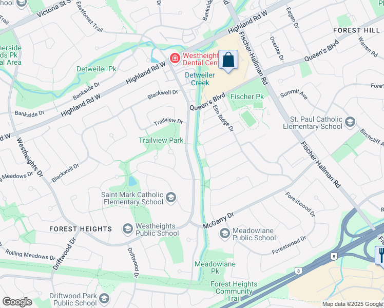 map of restaurants, bars, coffee shops, grocery stores, and more near in Kitchener