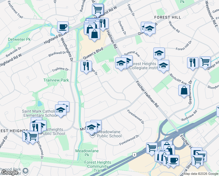 map of restaurants, bars, coffee shops, grocery stores, and more near 73 Hickory Heights Crescent in Kitchener