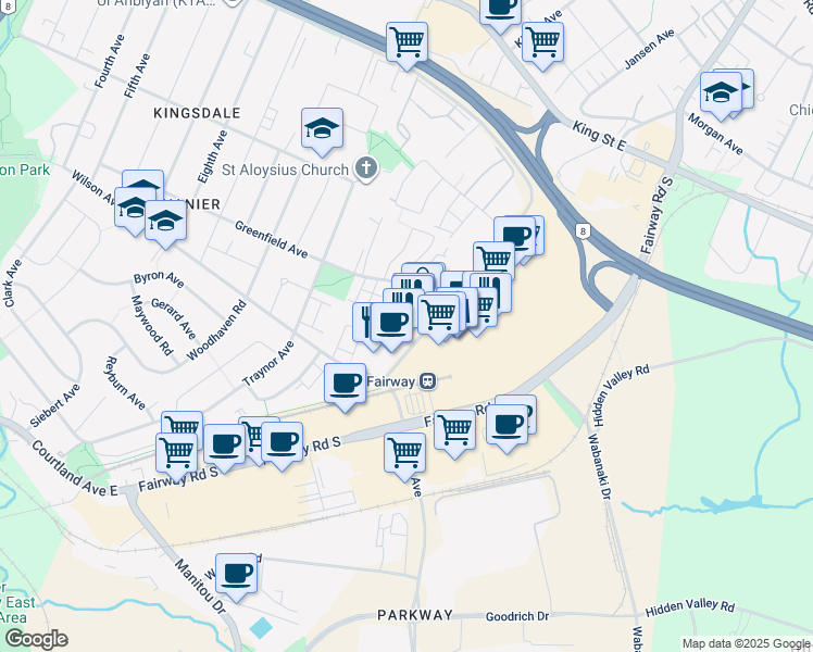 map of restaurants, bars, coffee shops, grocery stores, and more near 3063 Kingsway Drive in Kitchener