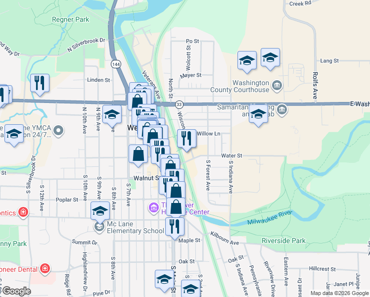 map of restaurants, bars, coffee shops, grocery stores, and more near 128 Wisconsin Street in West Bend