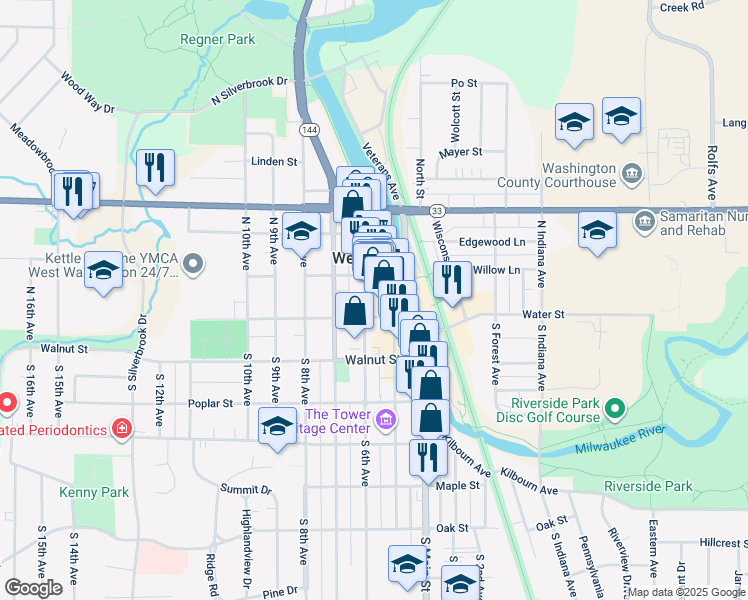 map of restaurants, bars, coffee shops, grocery stores, and more near 120 North Main Street in West Bend