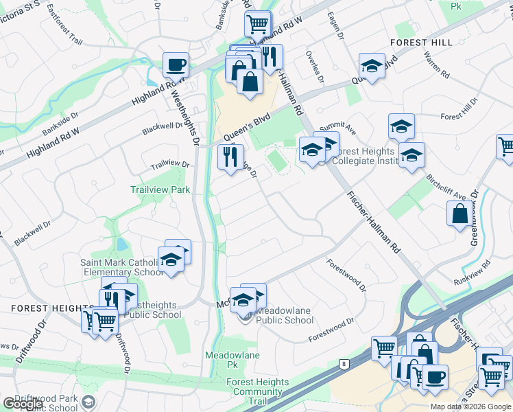 map of restaurants, bars, coffee shops, grocery stores, and more near 184 Silver Aspen Crescent in Kitchener