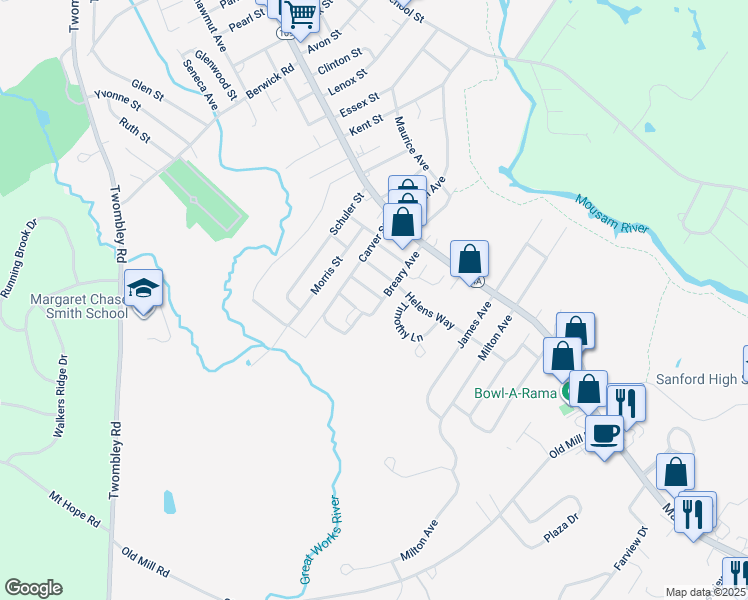 map of restaurants, bars, coffee shops, grocery stores, and more near 16 Breary Avenue in Sanford