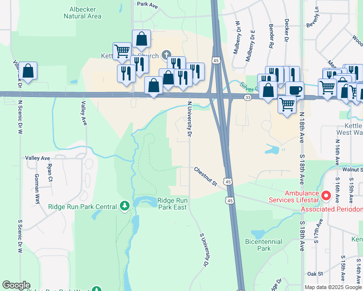 map of restaurants, bars, coffee shops, grocery stores, and more near 106 North University Drive in West Bend