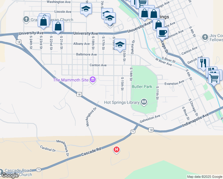 map of restaurants, bars, coffee shops, grocery stores, and more near 1601 Evanston Avenue in Hot Springs