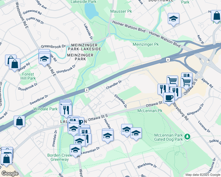 map of restaurants, bars, coffee shops, grocery stores, and more near 141 Chandler Drive in Kitchener