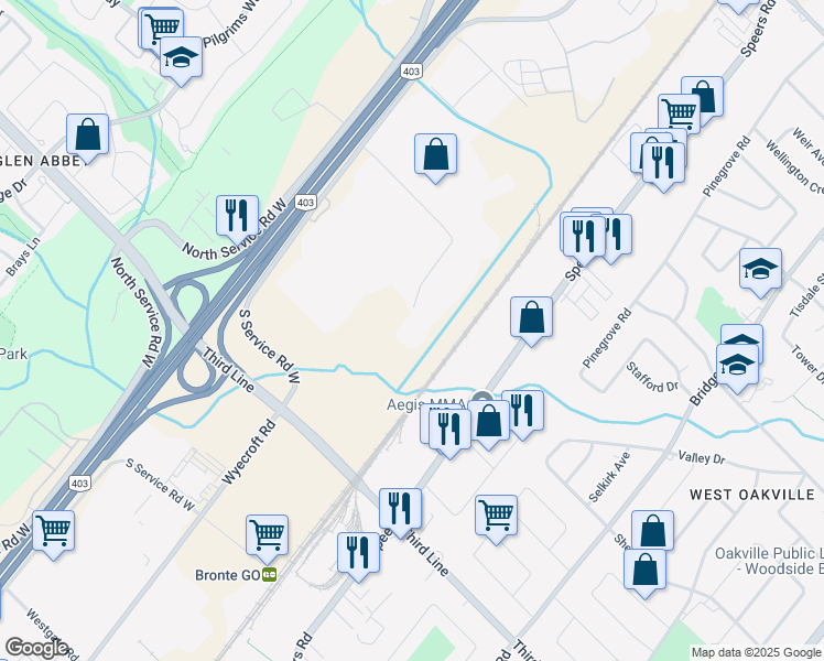 map of restaurants, bars, coffee shops, grocery stores, and more near 1400 Advance Road in Oakville