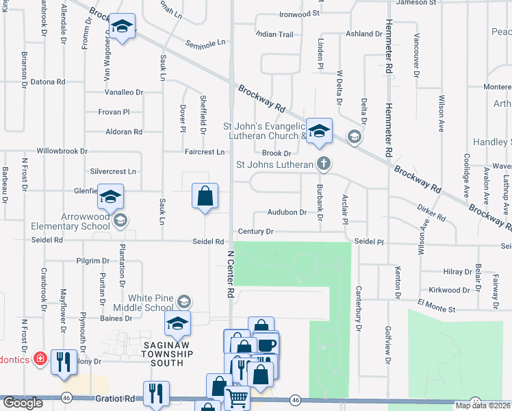 map of restaurants, bars, coffee shops, grocery stores, and more near 1063 Maywood Drive in Saginaw