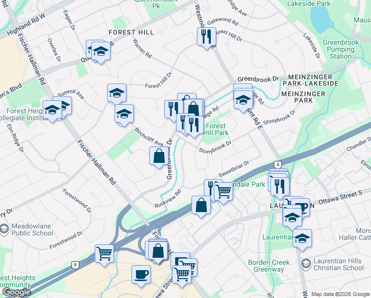 map of restaurants, bars, coffee shops, grocery stores, and more near 14 Ruskview Road in Kitchener