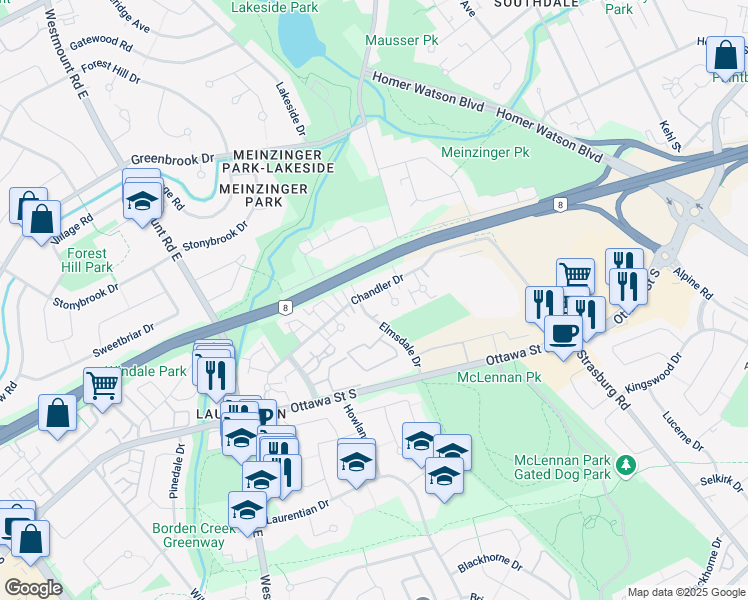map of restaurants, bars, coffee shops, grocery stores, and more near 17 Elmsdale Drive in Kitchener