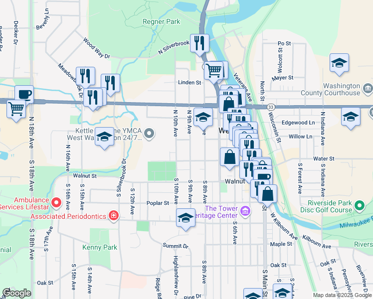 map of restaurants, bars, coffee shops, grocery stores, and more near 910 Hickory Street in West Bend