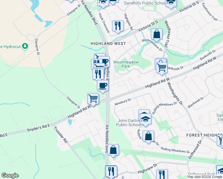 map of restaurants, bars, coffee shops, grocery stores, and more near 220 Ira Needles Boulevard in Kitchener