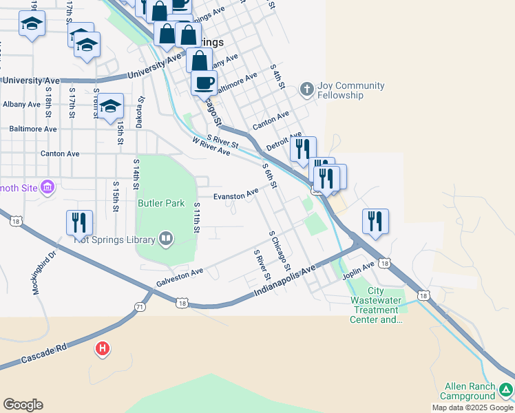 map of restaurants, bars, coffee shops, grocery stores, and more near 898 South Chicago Street in Hot Springs