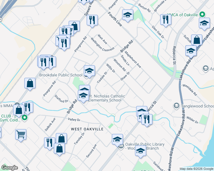 map of restaurants, bars, coffee shops, grocery stores, and more near 447 Tower Drive in Oakville