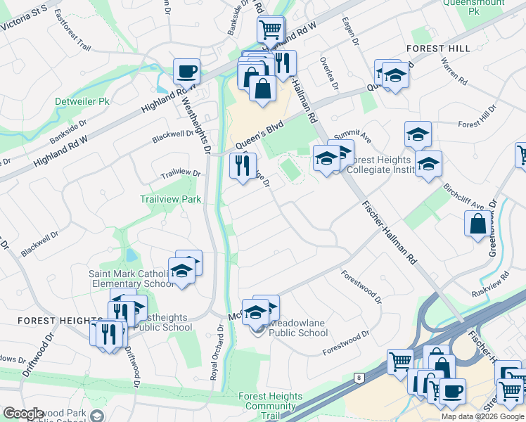map of restaurants, bars, coffee shops, grocery stores, and more near 19 Hillbrook Crescent in Kitchener