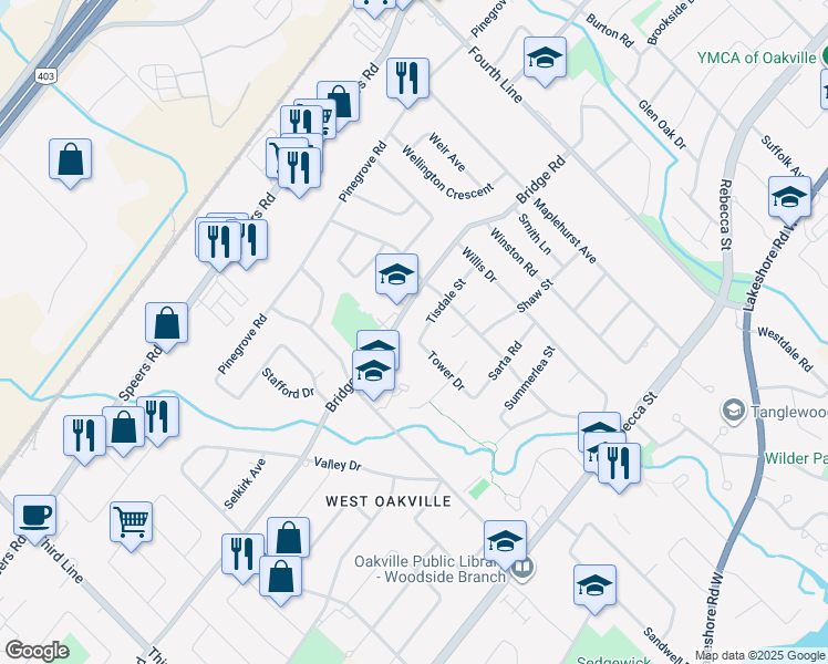 map of restaurants, bars, coffee shops, grocery stores, and more near 1193 Tisdale Street in Oakville