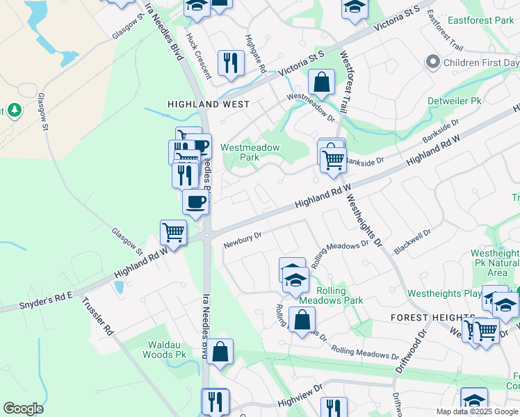 map of restaurants, bars, coffee shops, grocery stores, and more near 1434 Highland Road West in Kitchener