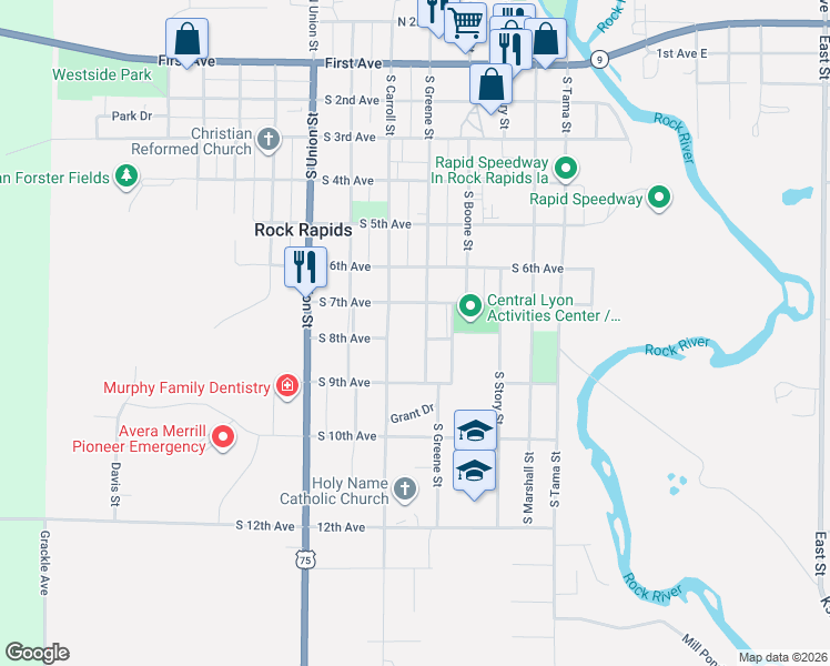 map of restaurants, bars, coffee shops, grocery stores, and more near 708 South Greene Street in Rock Rapids