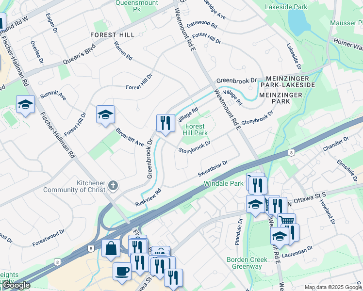map of restaurants, bars, coffee shops, grocery stores, and more near 421 Greenbrook Drive in Kitchener
