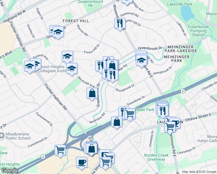 map of restaurants, bars, coffee shops, grocery stores, and more near 421 Greenbrook Drive in Kitchener