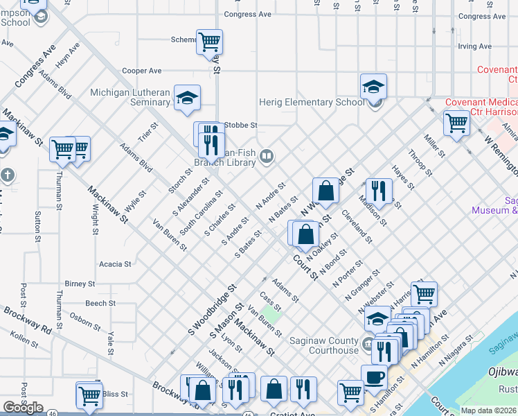 map of restaurants, bars, coffee shops, grocery stores, and more near 122 North Charles Street in Saginaw