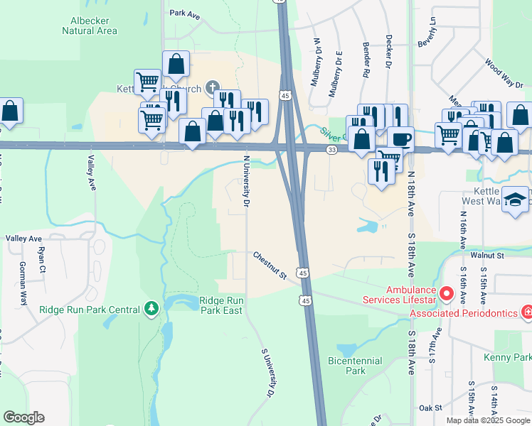map of restaurants, bars, coffee shops, grocery stores, and more near 151 North University Drive in West Bend