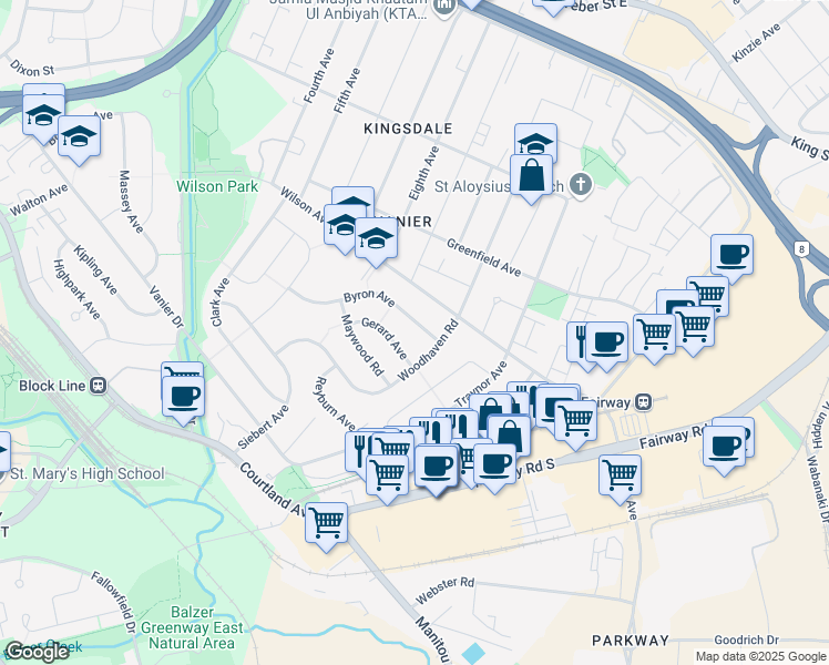 map of restaurants, bars, coffee shops, grocery stores, and more near 139 Byron Avenue in Kitchener
