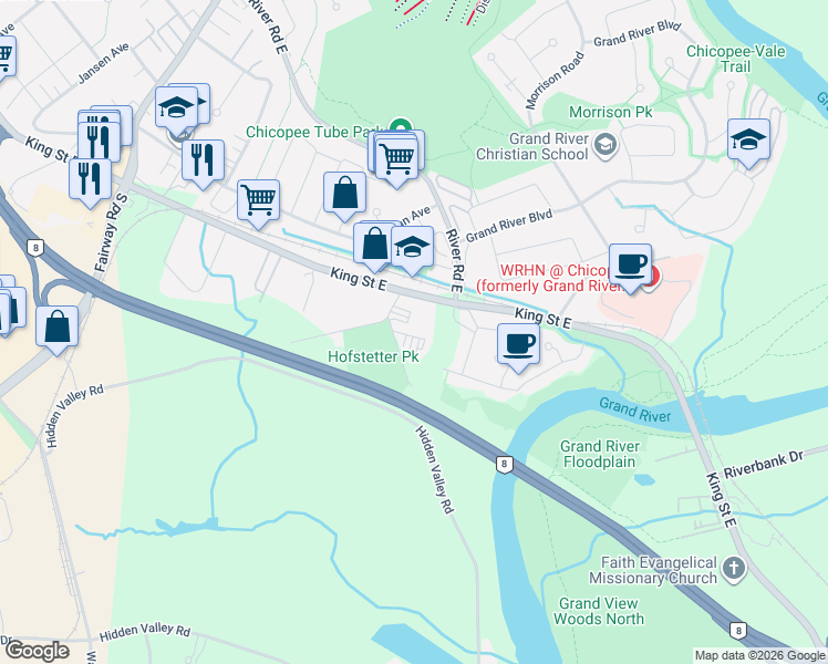 map of restaurants, bars, coffee shops, grocery stores, and more near 15 Hofstetter Avenue in Kitchener