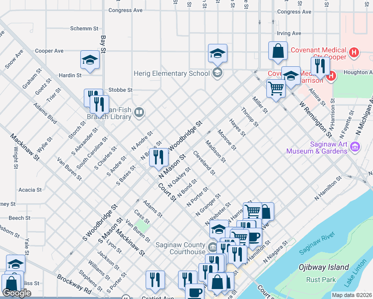 map of restaurants, bars, coffee shops, grocery stores, and more near 1321 Cleveland Street in Saginaw