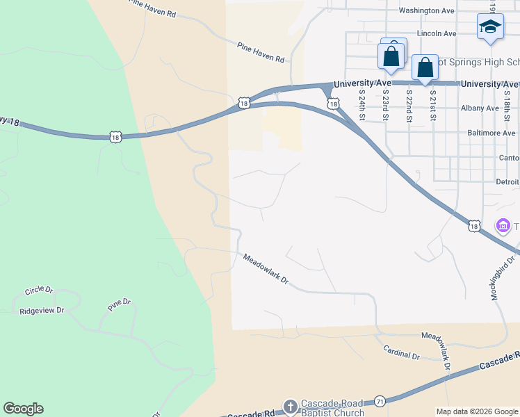 map of restaurants, bars, coffee shops, grocery stores, and more near Fern Circle in Hot Springs