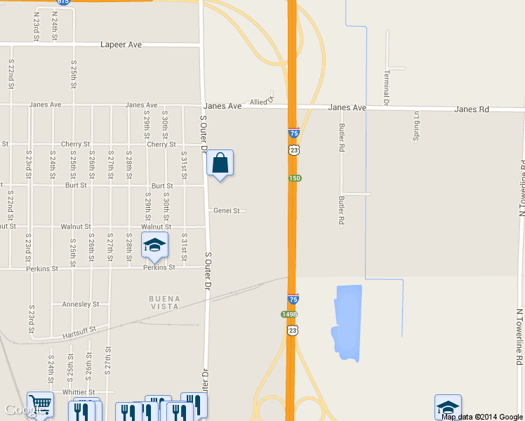 map of restaurants, bars, coffee shops, grocery stores, and more near 1235 Genei Court in Saginaw