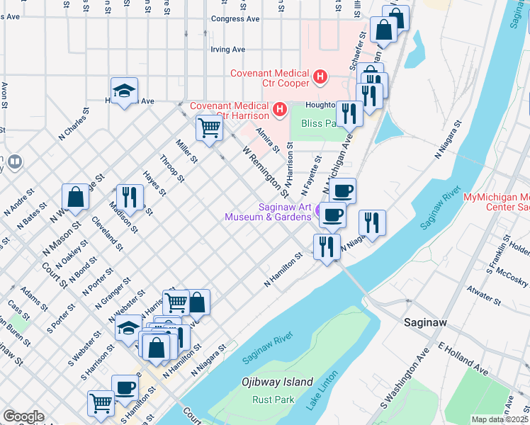 map of restaurants, bars, coffee shops, grocery stores, and more near 1016 North Harrison Street in Saginaw