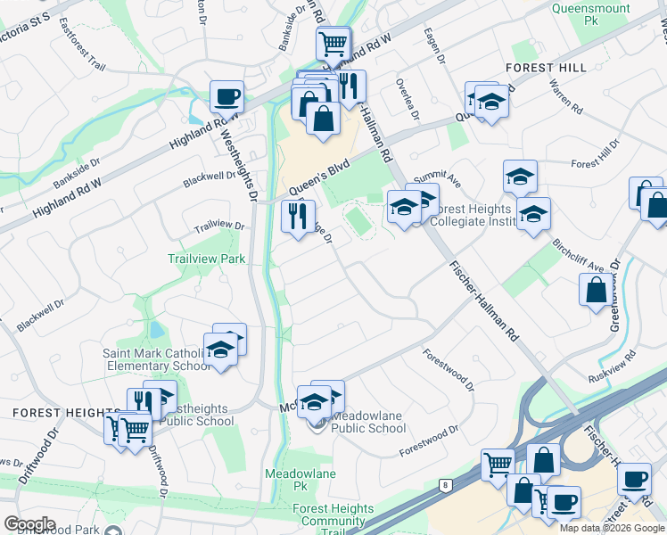 map of restaurants, bars, coffee shops, grocery stores, and more near 5 Hillbrook Crescent in Kitchener