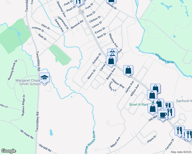 map of restaurants, bars, coffee shops, grocery stores, and more near 23 Morris Street in Sanford