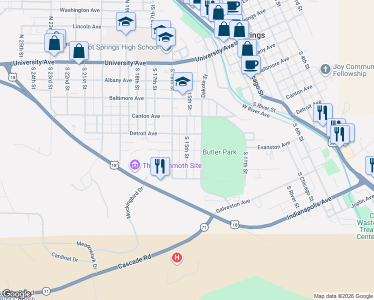 map of restaurants, bars, coffee shops, grocery stores, and more near 599 South 15th Street in Hot Springs